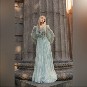 Mac Duggal 94081 Mint Green Boat Neck Long Sleeve Gown Sz 10